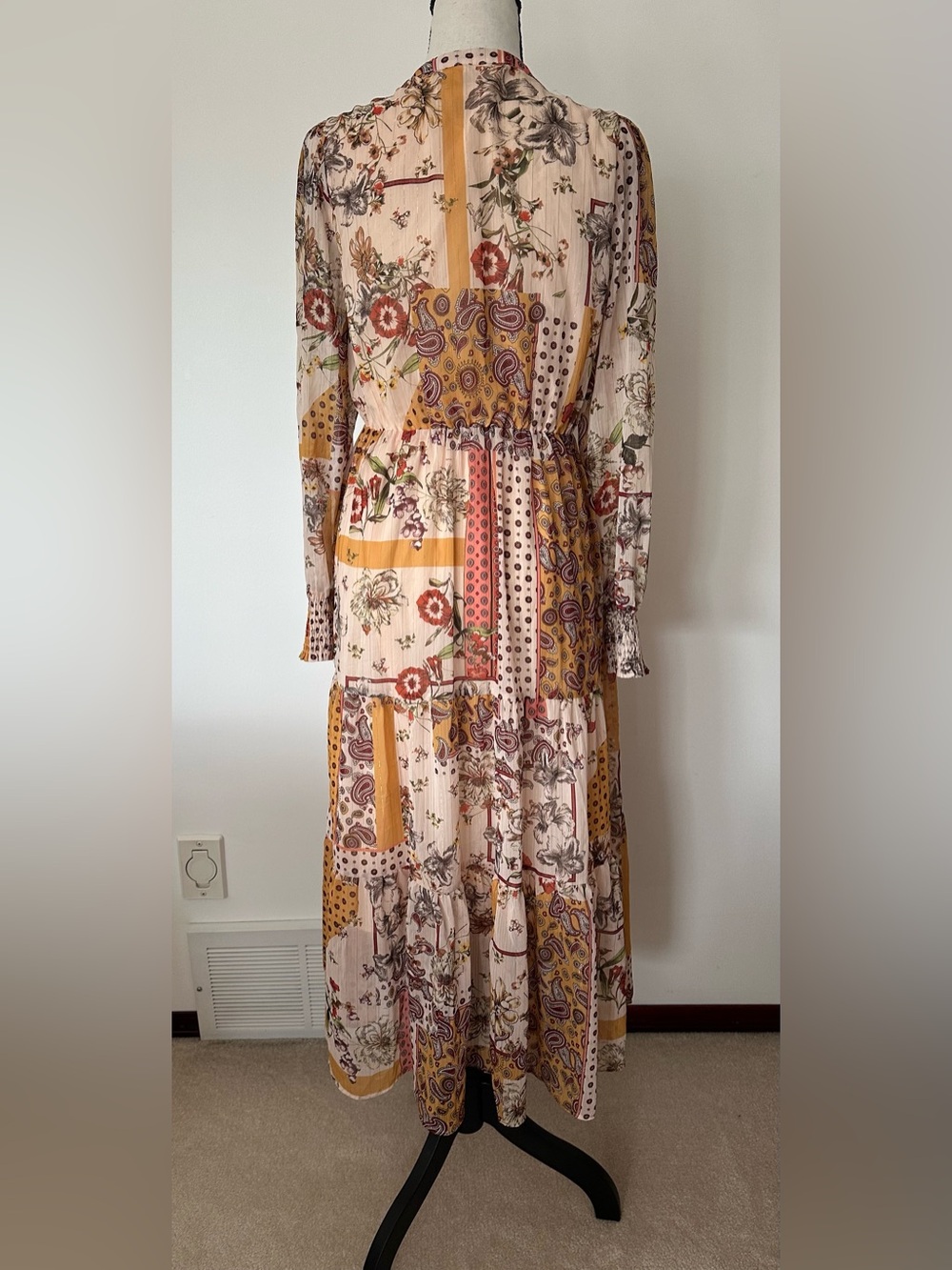 Cottagecore Floral Boho Midi Maxi Dress Small Long Sleeve Tiered Lined Artsy - Picture 9 of 15